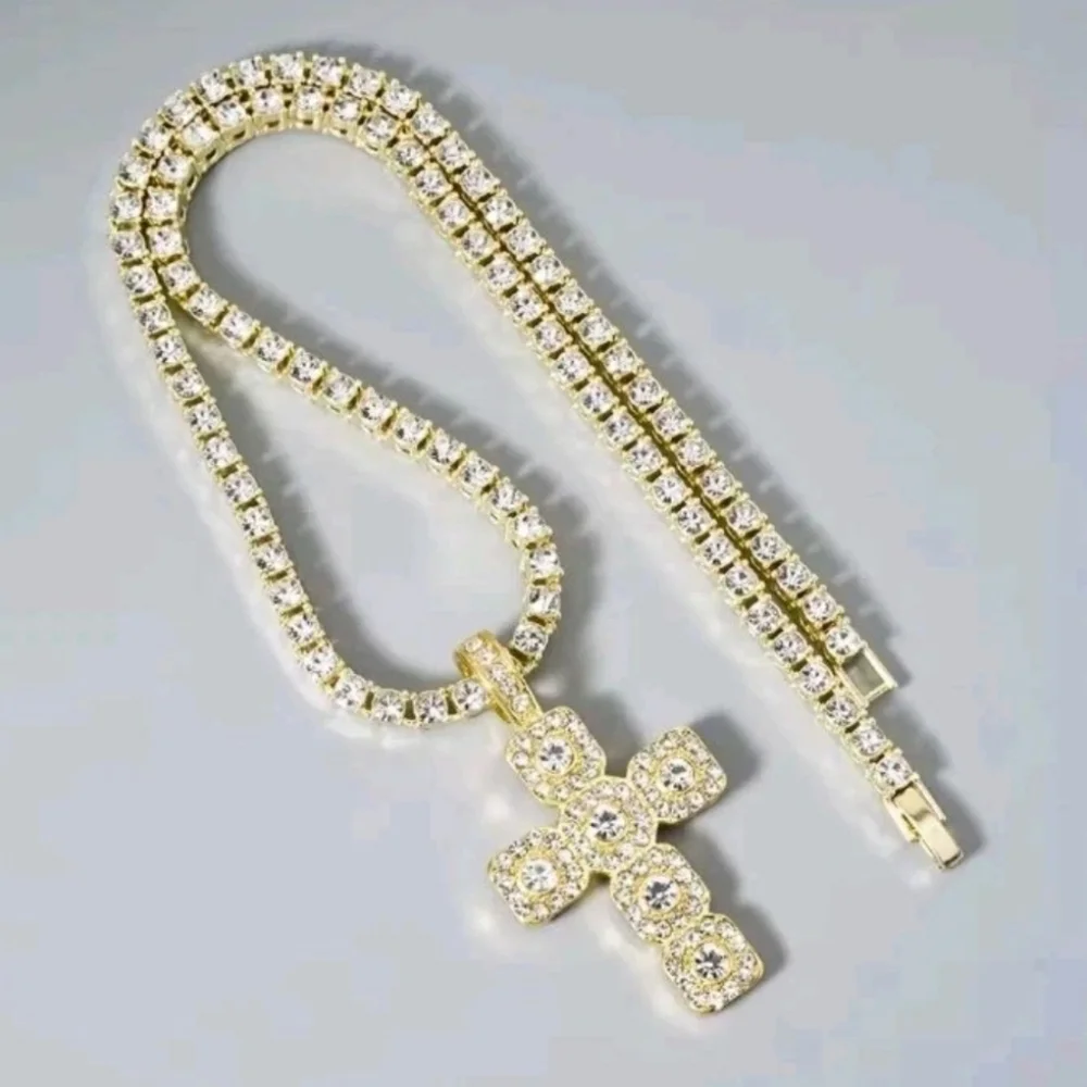 14k Yellow Gold Plated Lab Created Diamond Cross Pendant Tennis Necklace 18